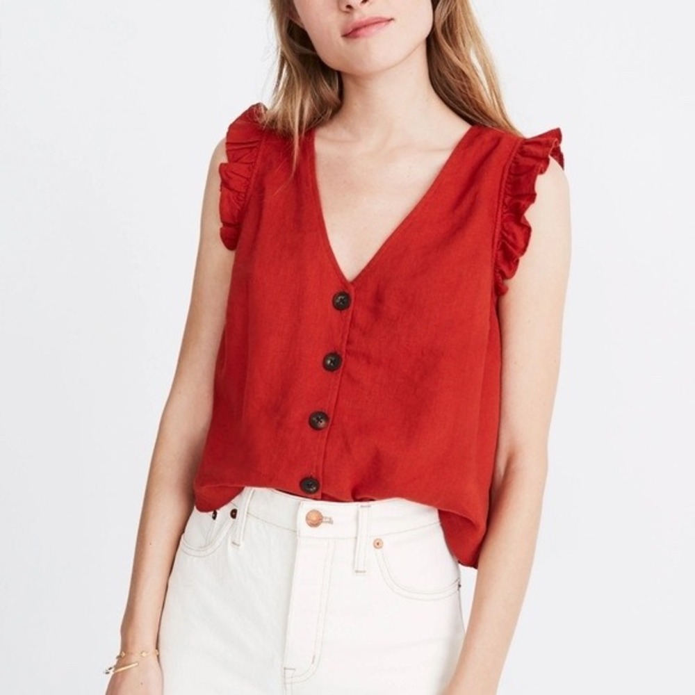 Madewell Ruffle Strap Button Front Linen Blend Top Rust Orange Size 4